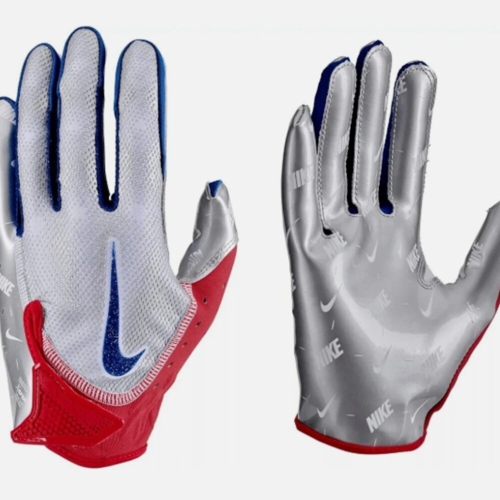 NIKE FOOTBALL GLOVES RED WHITE BLUE AND SILVER ADULT MED GLOVES RETAIL $55